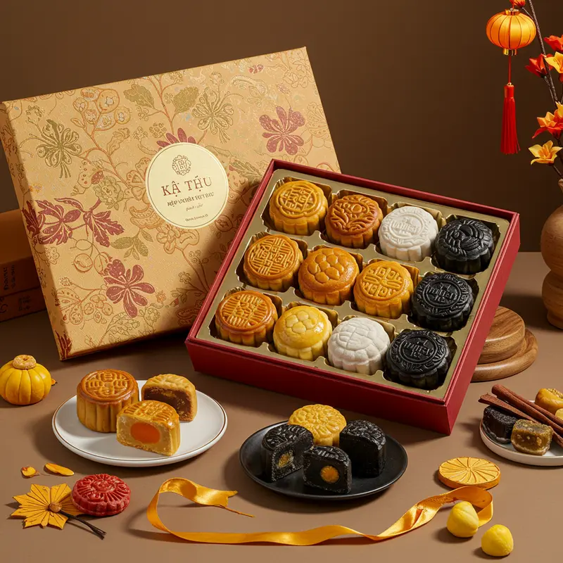 Hình ảnh hộp quà bánh Trung Thu gồm nhiều loại vỏ: nướng, dẻo, tuyết, than tre, trình bày trang trọng với phụ kiện lễ hội.