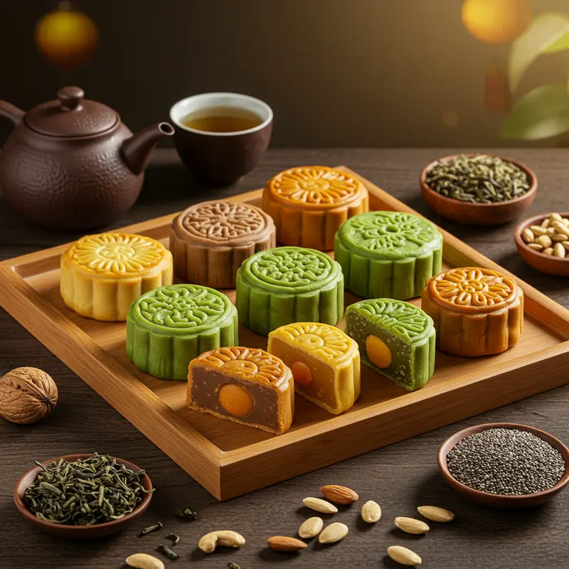 Nhiều loại bánh trung thu ít ngọt với nhân tự nhiên được bày biện trên khay gỗ cạnh các nguyên liệu tốt cho sức khỏe.