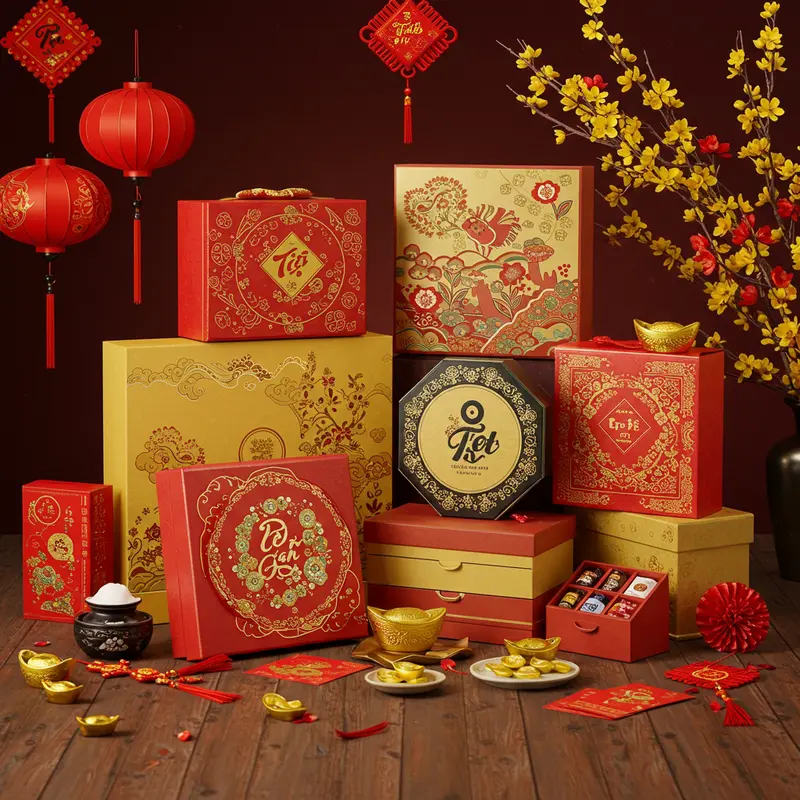 Nhiều loại hộp quà Tết đa dạng từ hộp nam châm, hộp âm dương đến hộp dạng rút, được sắp xếp hài hòa cùng vật trang trí truyền thống.