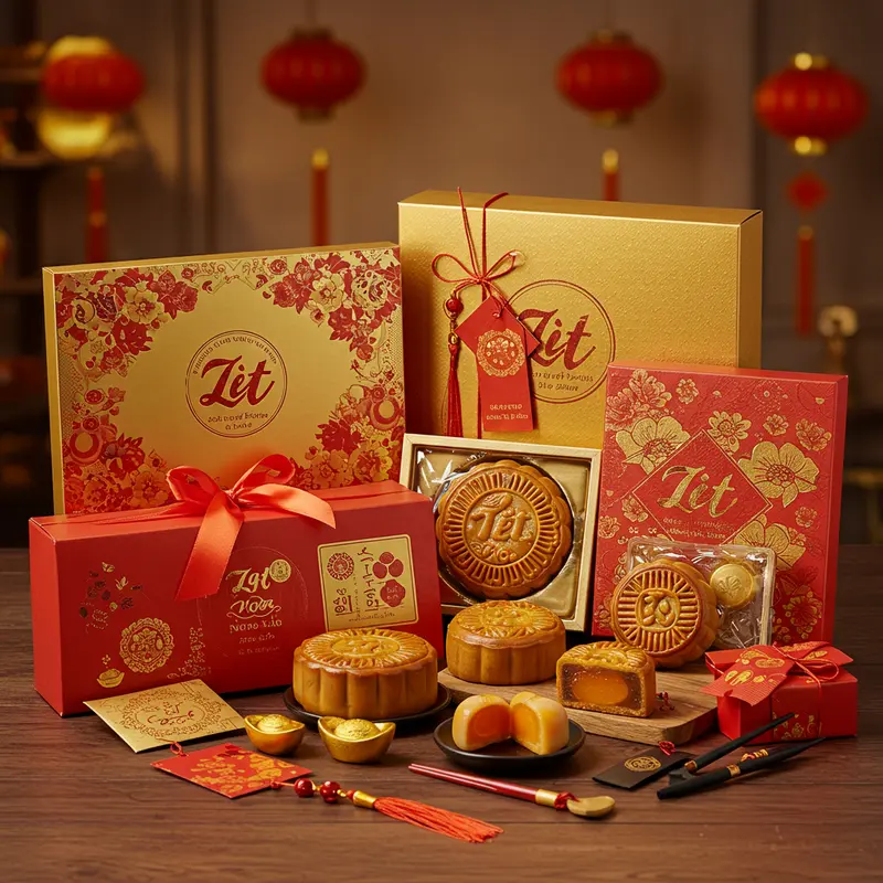 Hình ảnh thực tế bộ quà tặng doanh nghiệp với bánh Trung Thu, hộp quà Tết, phụ kiện kết hợp nghệ thuật đóng gói.