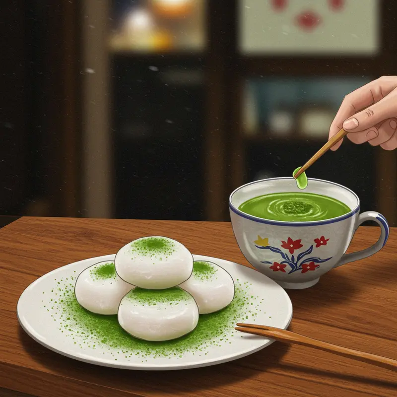Bột matcha nguyên chất Nhật Bản mịn, tươi – yếu tố tạo nên nhân mochi thơm ngon.