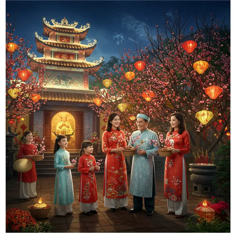 Gia đình Việt hái lộc đầu năm trước chùa, mặc áo dài, đèn lồng treo, không khí xuân ấm áp.