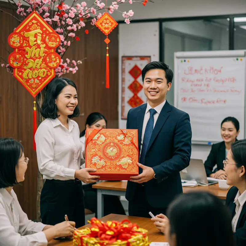 Bố cục hộp quà Tết cao cấp đặt trên bàn sang trọng với trang trí lễ hội tinh tế.