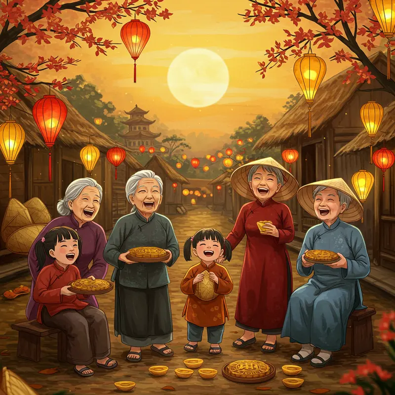 Gia đình quây quần dưới ánh trăng rằm Trung Thu với bánh và lồng đèn truyền thống