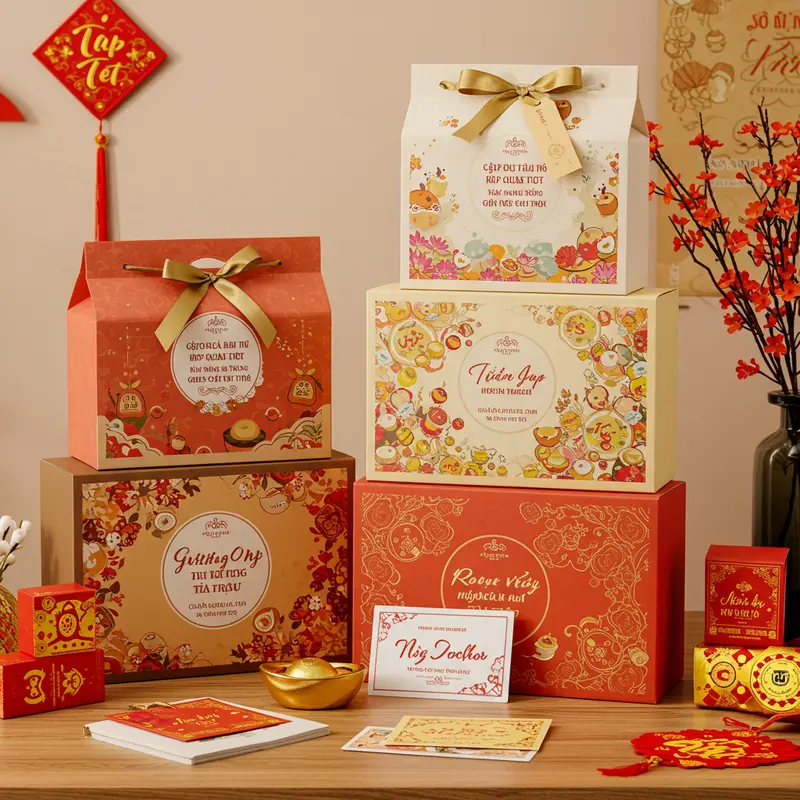 Đối tác trao tặng hộp quà Tết trong không gian làm việc trang trọng.