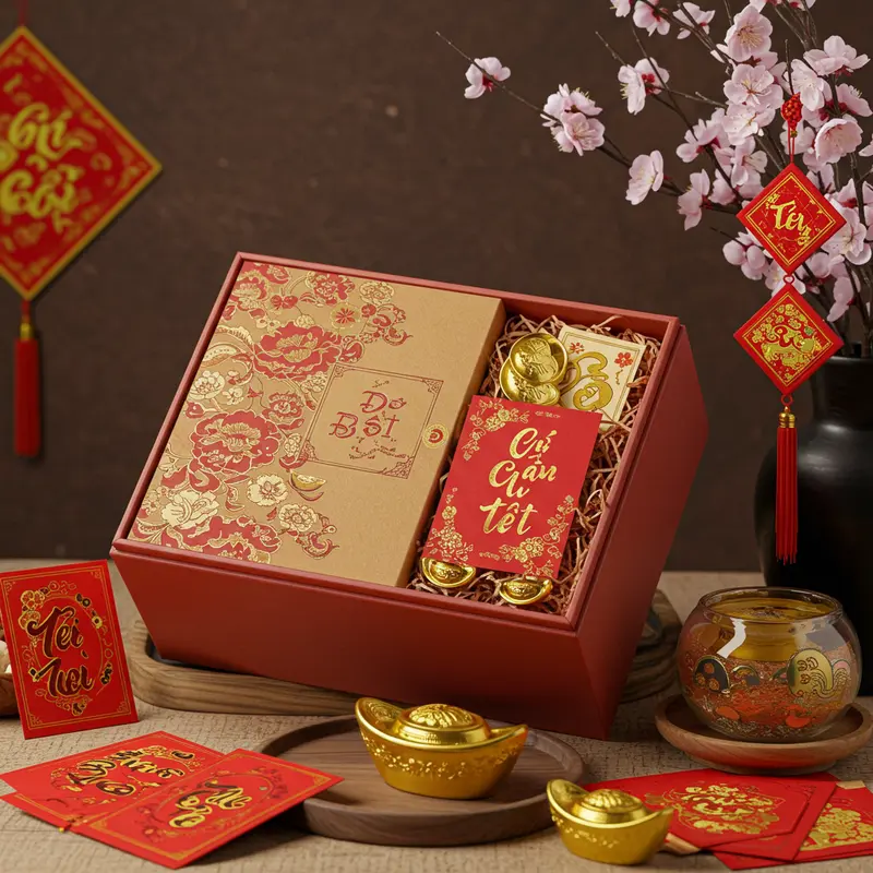 Hộp quà Tết được cá nhân hóa với logo doanh nghiệp và thông điệp tri ân.