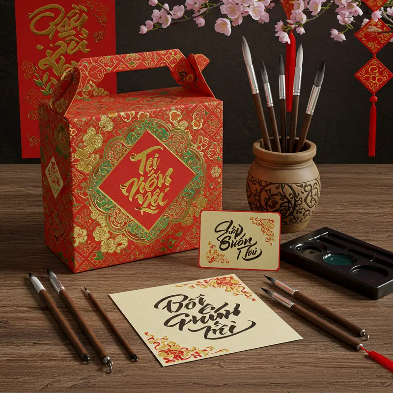 Hộp quà Tết tầm trung nổi bật giữa không gian đầm ấm ngày Xuân.