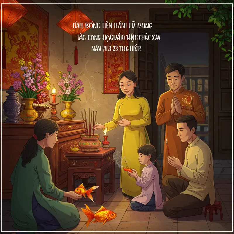 Mâm cúng và bàn thờ Ông Công Ông Táo trang trọng trong bếp Việt Nam.