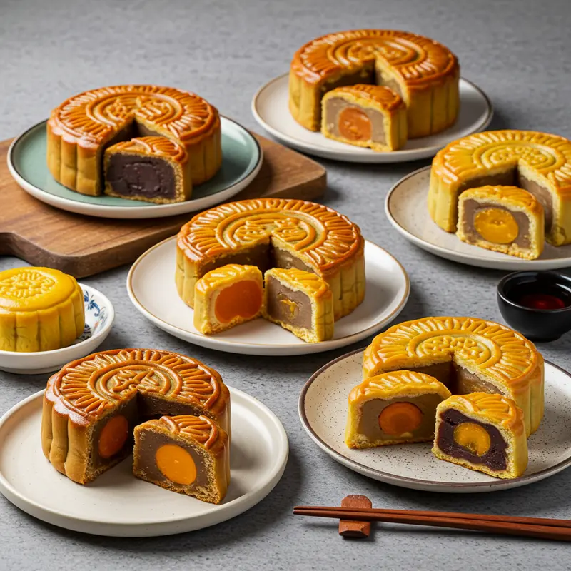 Bánh trung thu tầm trung đủ kiểu dáng và màu sắc bày đẹp mắt trên bàn.