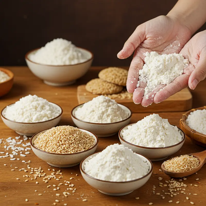 Các loại bột nếp khác nhau dùng làm bánh mochi trung thu.