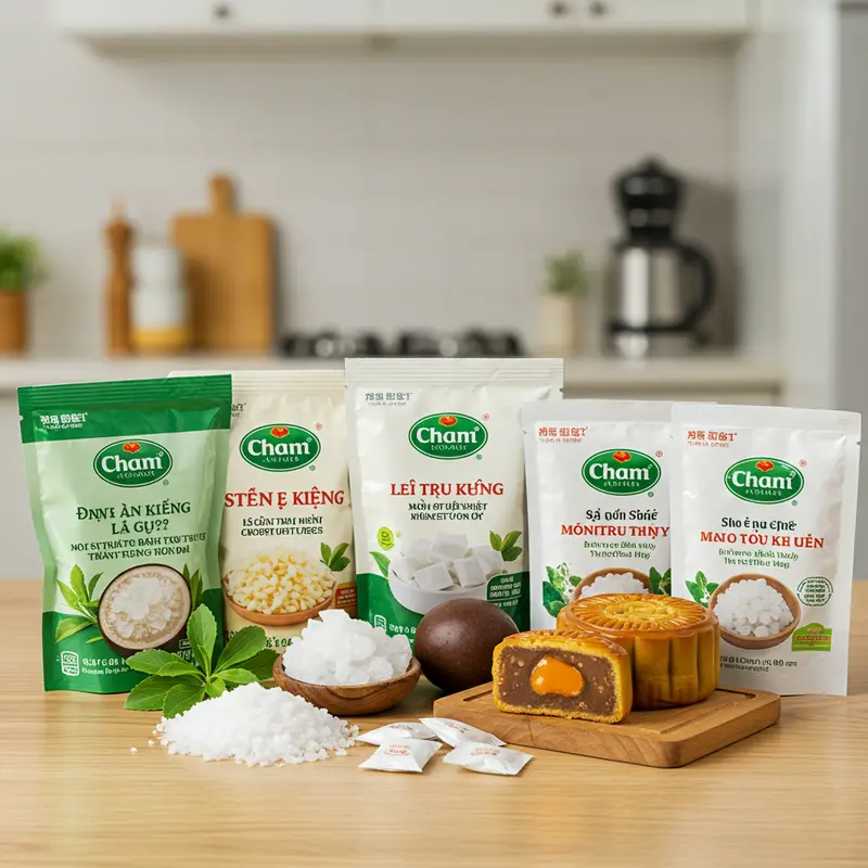 Hình ảnh các loại đường ăn kiêng và bánh Trung Thu trên bàn bếp.