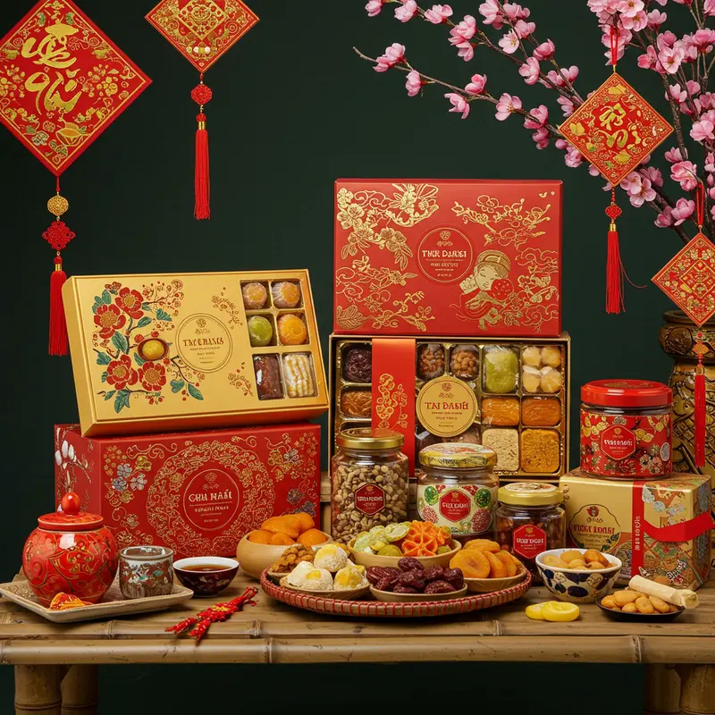 Bạn bè trao nhau hộp quà Tết trong không khí ấm áp đầu năm.