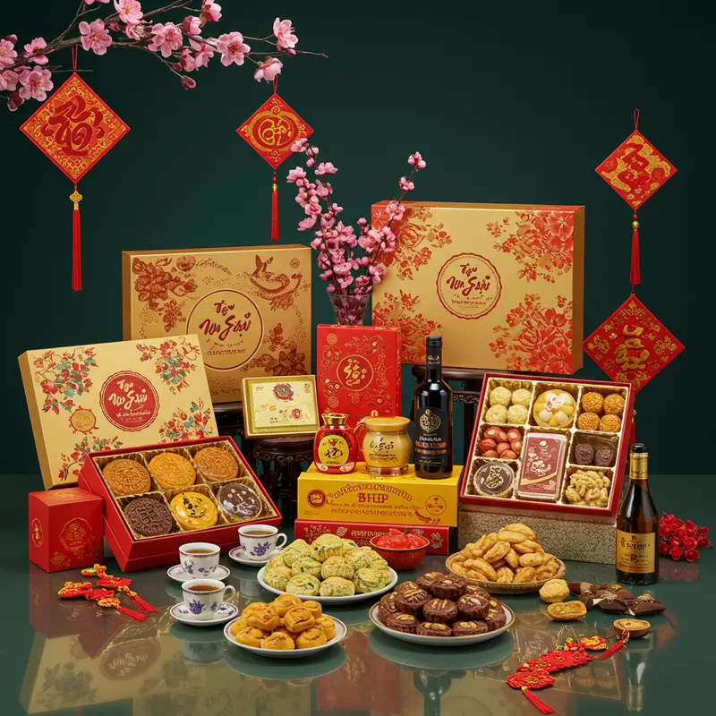 Đối tác trao tặng hộp quà Tết trong không gian làm việc trang trọng.