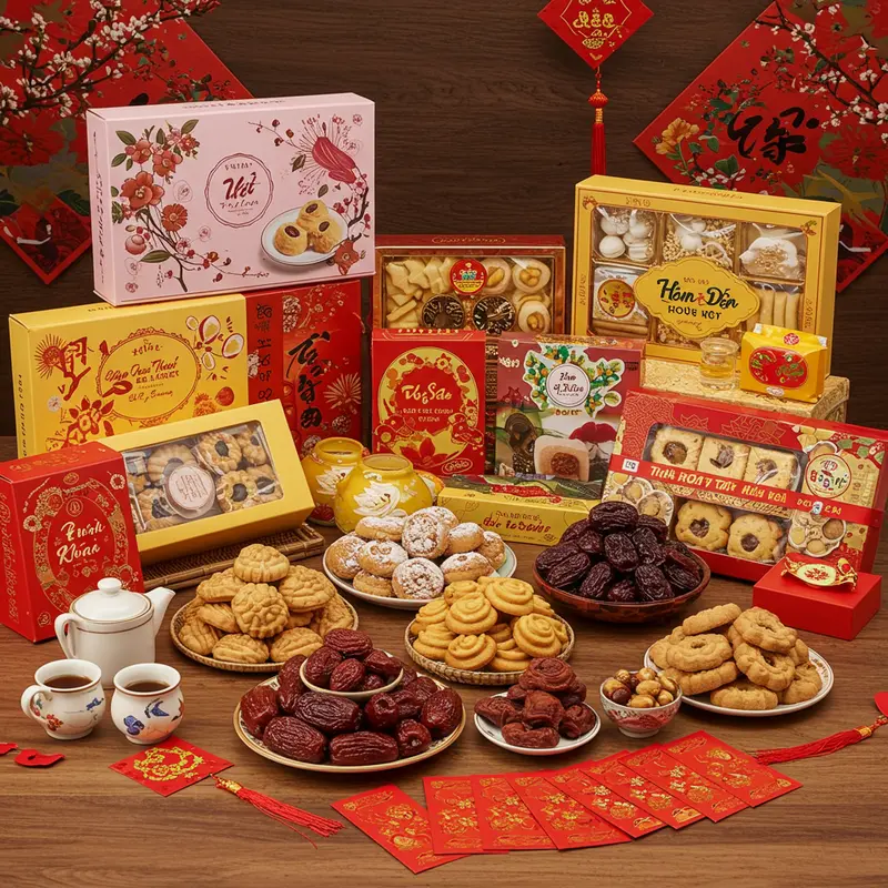 Hộp quà Tết giá rẻ với trà, mứt và bánh, bày trên bàn tre.