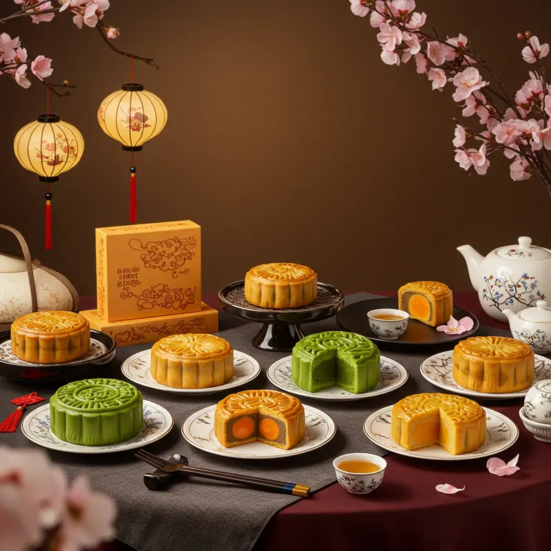 Bàn tiệc trung thu với nhiều loại bánh trung thu đủ loại vỏ: nướng, dẻo, lava, tuyết, matcha.