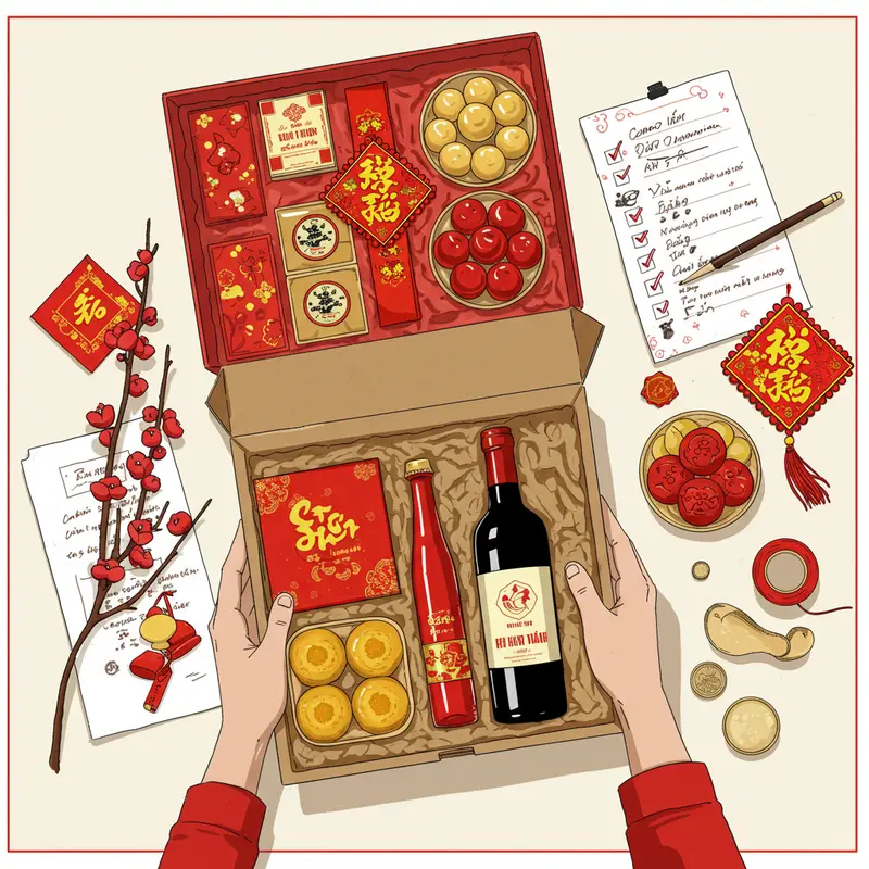 Không khí sum vầy với hộp quà Tết và rượu truyền thống bên gia đình Việt.