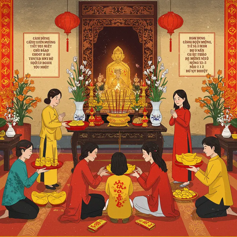 Gia đình quây quần bên bàn thờ truyền thống ngày Tết.