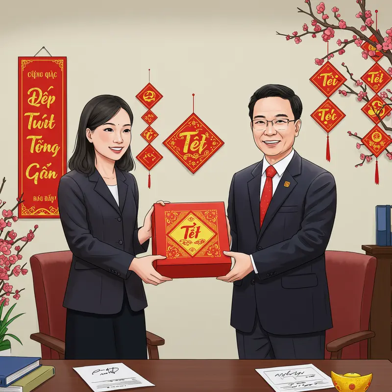 Hộp quà Tết sang trọng tạo không khí ấm áp nơi công sở.