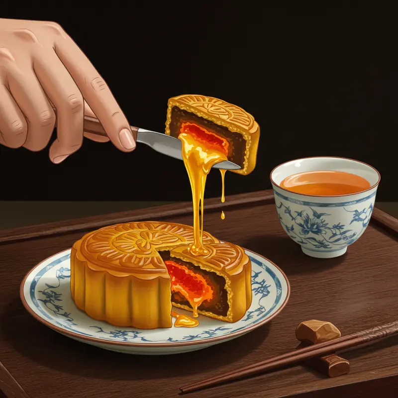 Cận cảnh bánh Trung Thu lava với phần nhân tan chảy vàng óng quyến rũ.