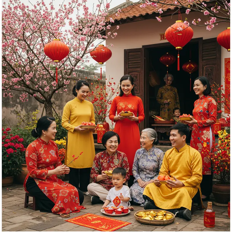 Gia đình nhiều thế hệ sum họp, cùng chuẩn bị, tặng quà và đón Tết truyền thống và hiện đại.