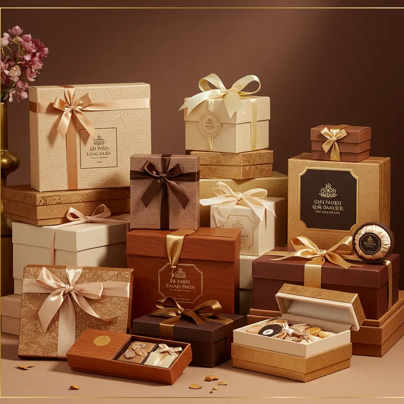 Bộ sưu tập hộp quà cao cấp với đa dạng chất liệu như giấy, gỗ, kim loại, lụa.