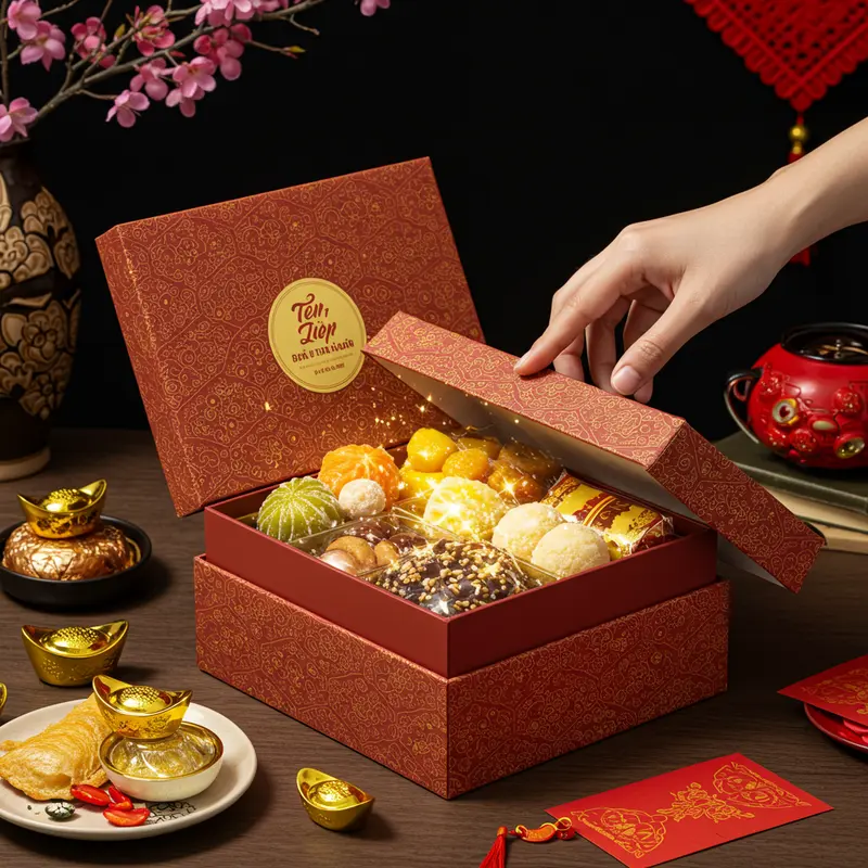 Hộp quà Tết tầm trung nổi bật giữa không gian đầm ấm ngày Xuân.