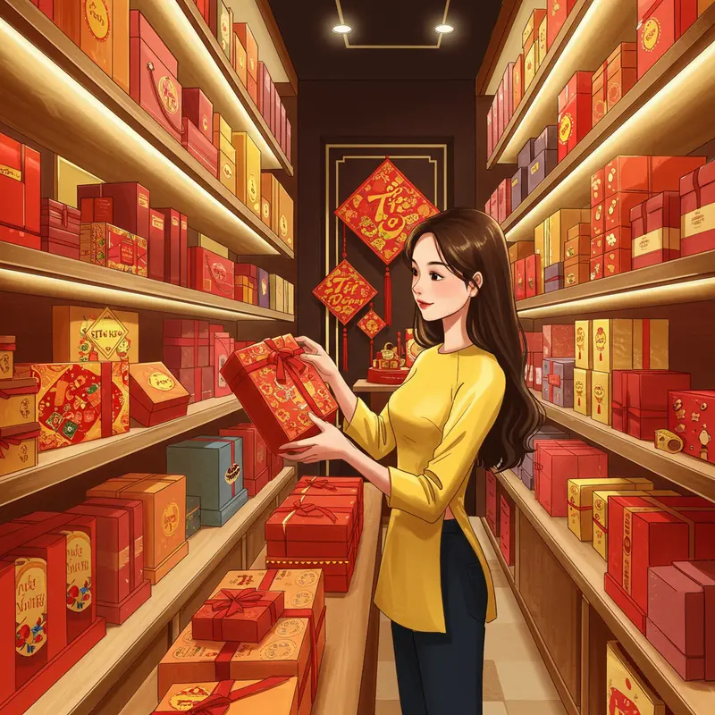 Bạn bè trao nhau hộp quà Tết trong không khí ấm áp đầu năm.