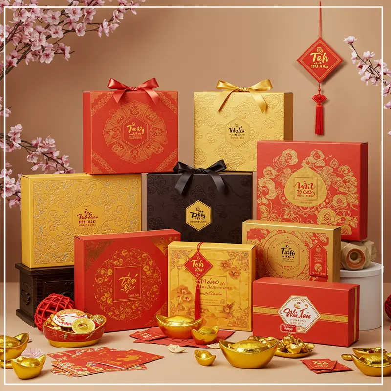 Hộp quà Tết truyền thống đậm nét văn hóa Việt Nam với trà, mứt, bánh kẹo đặt trên bàn gỗ, trang trí hoa xuân.