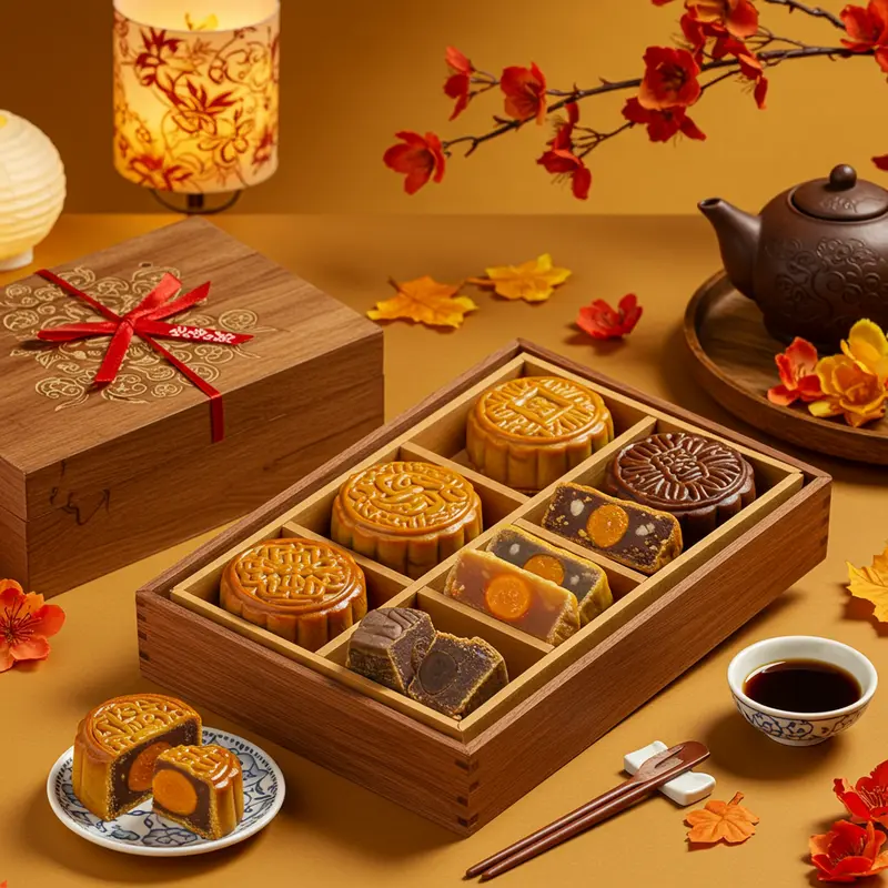 Nhiều chiếc bánh trung thu với các loại nhân khác nhau trong hộp gỗ đẹp dưới ánh đèn lồng.