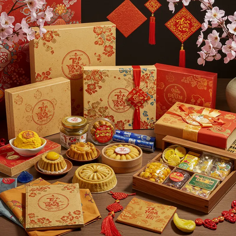 Nhà thiết kế sáng tạo mẫu hộp quà Tết với màu sắc và biểu tượng truyền thống.