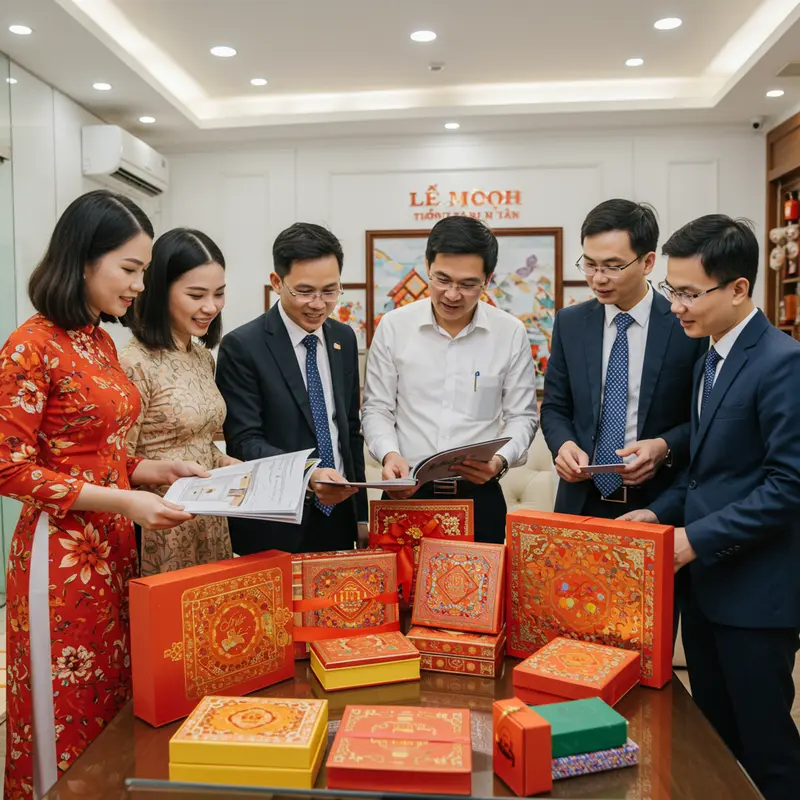 Đối tác trao tặng hộp quà Tết trong không gian làm việc trang trọng.