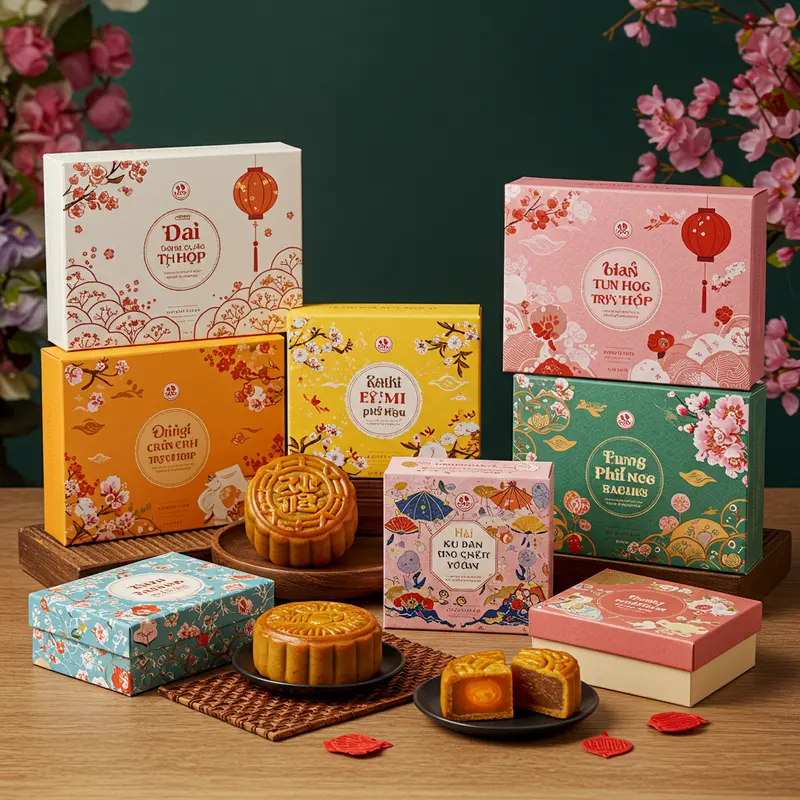 Các phong cách trang trí hộp bánh Trung Thu đa dạng từ truyền thống đến hiện đại.