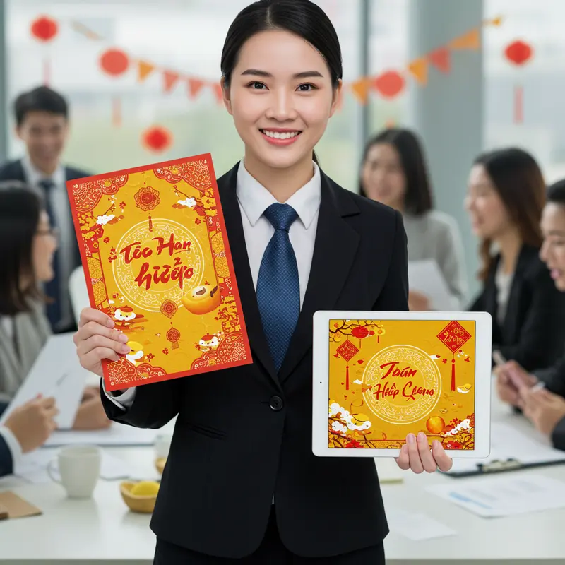 Thiệp Trung Thu sang trọng trên bàn làm việc, bên cạnh bánh Trung Thu và quà tặng.