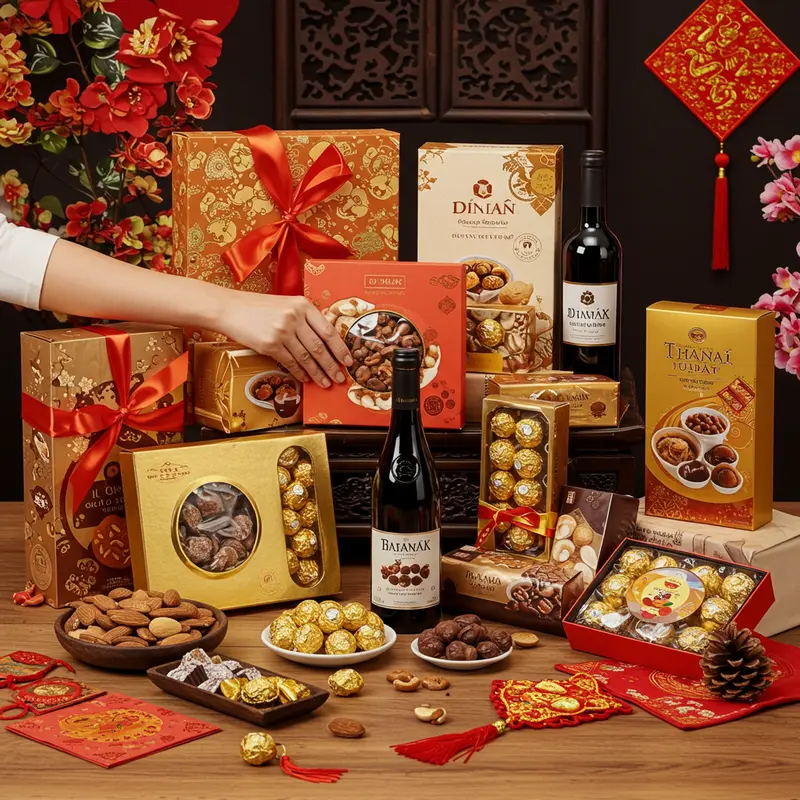 Bộ quà Tết nhập khẩu sang trọng với rượu vang, chocolate, hạt cao cấp.