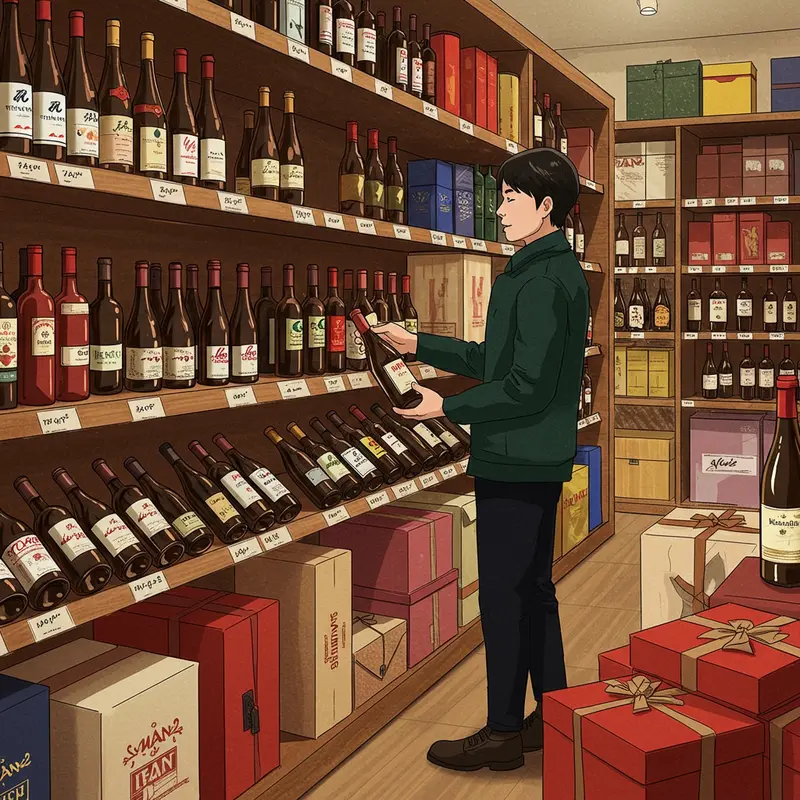 Hộp quà Tết rượu vang sang trọng giữa không gian trang trí truyền thống.