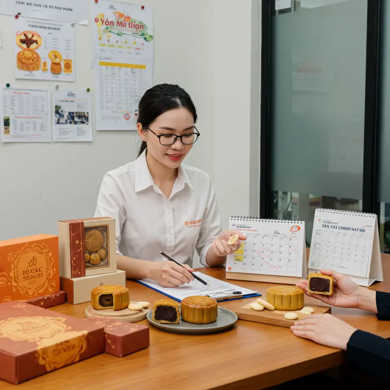 Hộp bánh Trung thu cá nhân hóa với logo vàng, kết nối cảm xúc và thương hiệu.