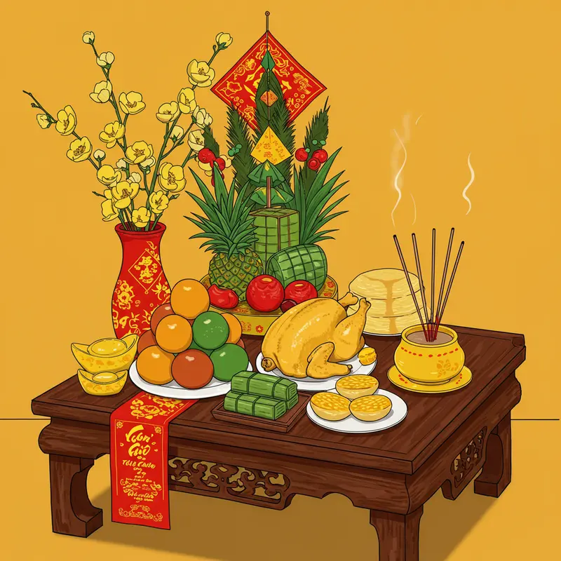 Gia đình quây quần bên bàn thờ truyền thống ngày Tết.