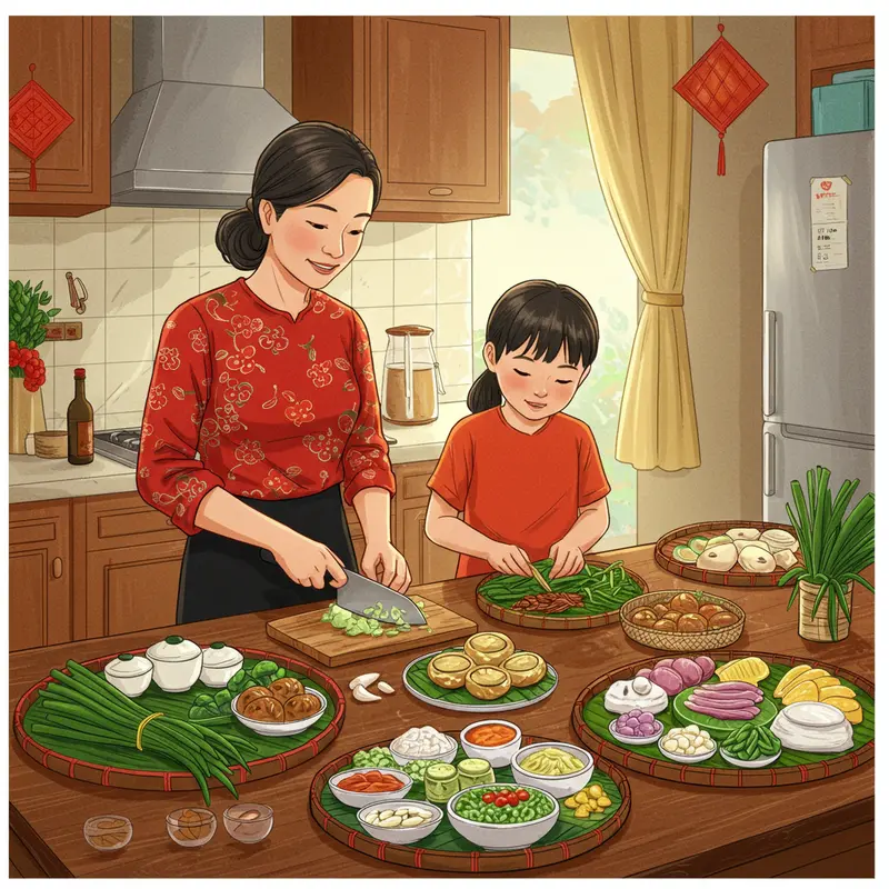 Gia đình nhiều thế hệ sum vầy chuẩn bị mâm cơm tất niên truyền thống.