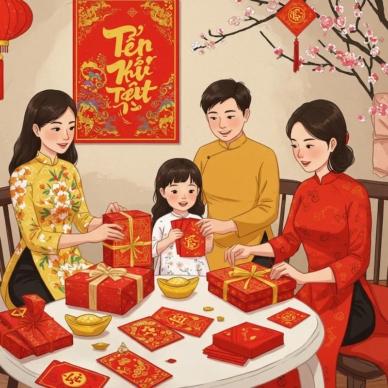 Gia đình chuẩn bị quà Tết, trang phục chỉn chu và bao lì xì đỏ truyền thống.