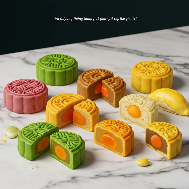 Bánh trung thu mini được trình bày đẹp mắt trên đĩa gỗ, làm nổi bật sự tinh tế và hấp dẫn.