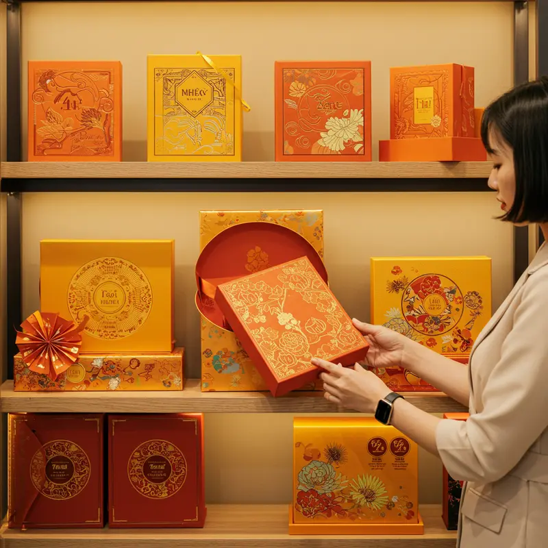 Bố cục hộp quà Tết cao cấp đặt trên bàn sang trọng với trang trí lễ hội tinh tế.