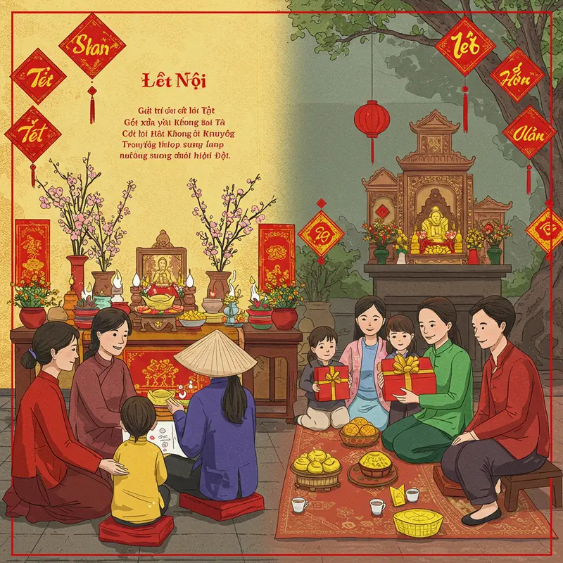 Cảnh gia đình Việt xưa sum vầy, gói bánh chưng chuẩn bị đón Tết.