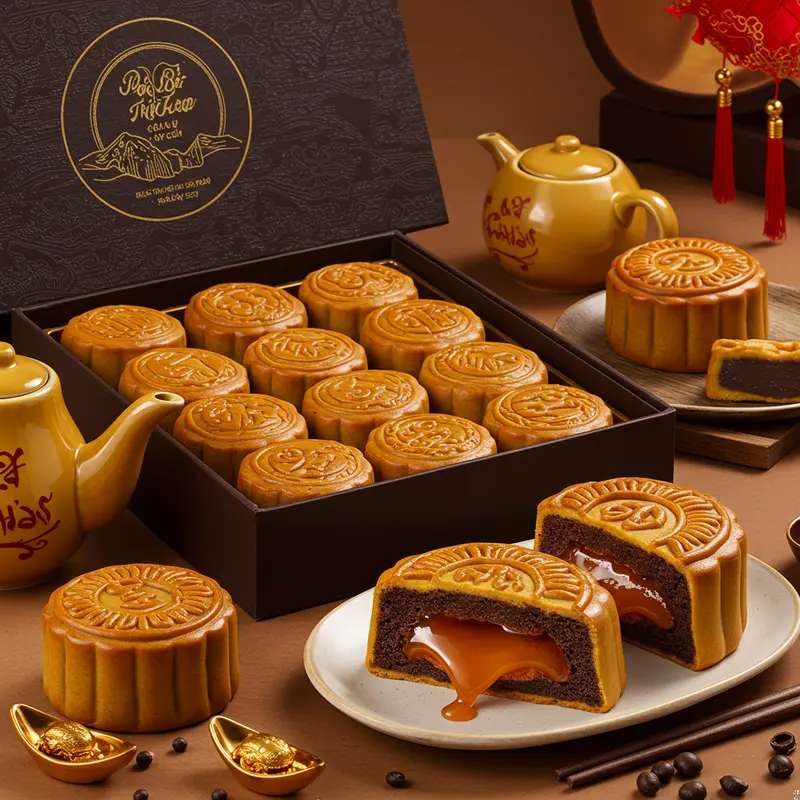 Bánh trung thu lava với lớp nhân chảy, nằm trong hộp quà cao cấp, ánh sáng ấm áp, gợi không khí lễ hội.