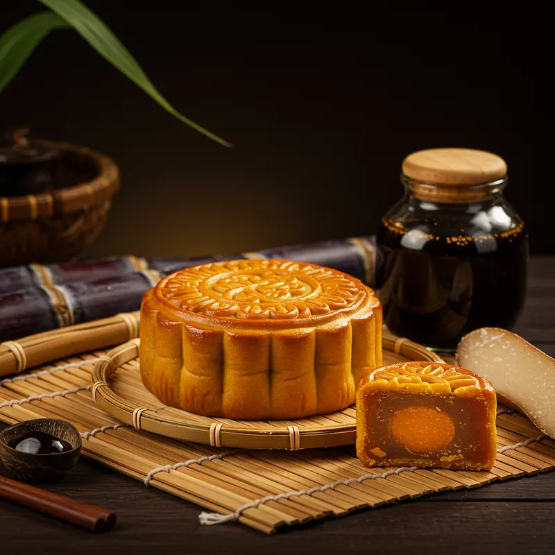 Chiếc bánh nướng Trung Thu màu vàng nâu đặt trên chiếu tre, xung quanh có cây mía và lọ đường nha.