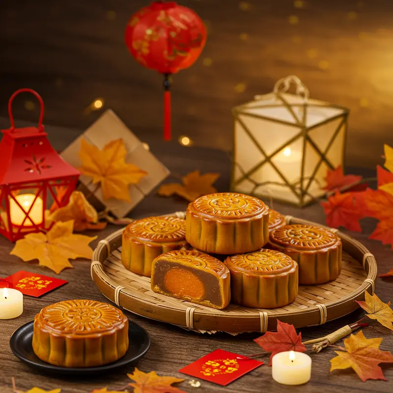 Chiếc bánh nướng Trung Thu màu vàng óng ánh được đặt trên khay tre, xung quanh có đèn lồng và lá thu