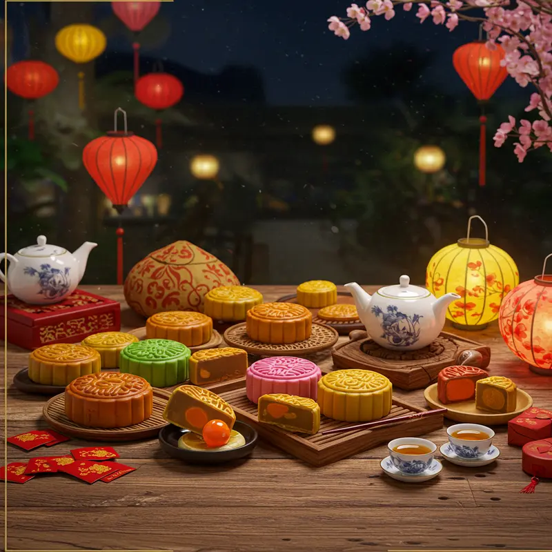 Bàn gỗ chứa bánh Trung Thu nhiều màu sắc, đèn lồng và ly trà dưới ánh trăng dịp lễ Trung Thu.