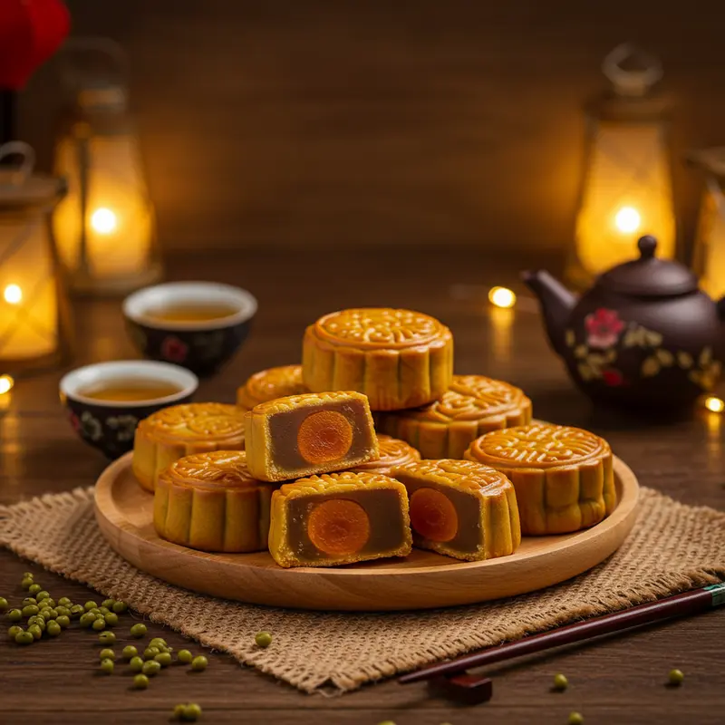 Cận cảnh bánh nướng Trung Thu nhân đậu xanh trứng muối màu vàng nâu đẹp mắt đặt trên đĩa gỗ giữa các ánh đèn lồng và ấm trà
