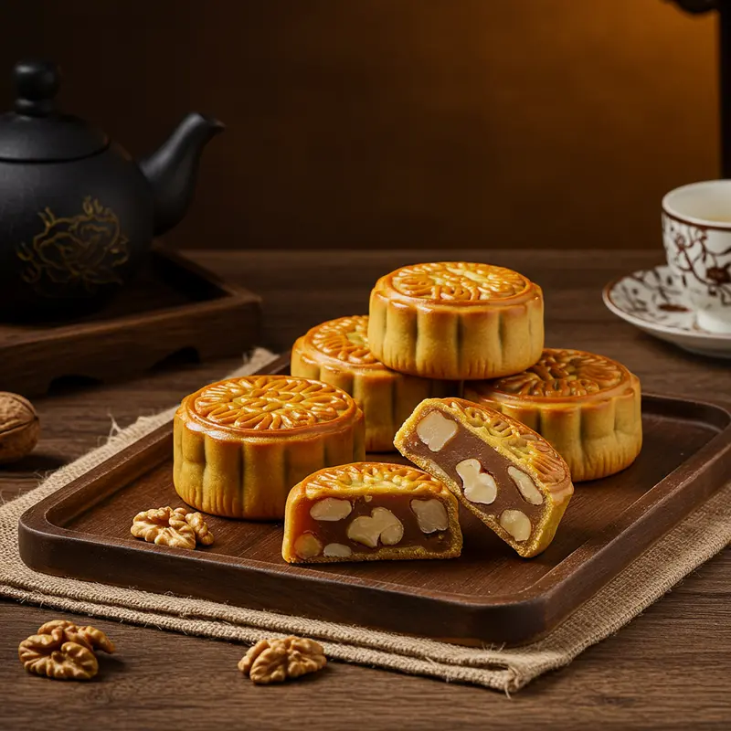 Ảnh tray bánh trung thu nhân hạt dinh dưỡng với ánh sáng ấm và nền gỗ mộc mạc