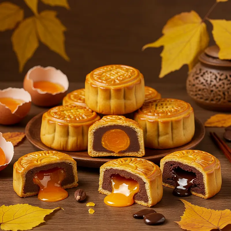 Đĩa bánh trung thu với nhân trứng muối chảy và socola chảy được sắp xếp đẹp mắt trên nền lá thu và ánh sáng tự nhiên.