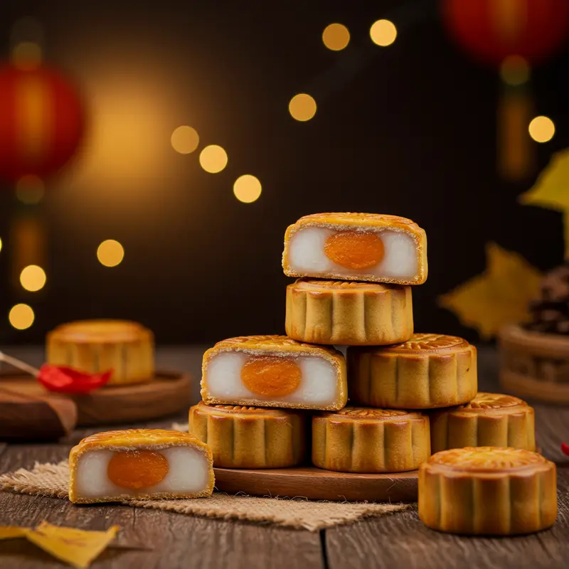 Chồng bánh Trung Thu có nhân Mochi đặt trên bàn gỗ, xung quanh trang trí lá mùa thu và ánh sáng ấm áp.